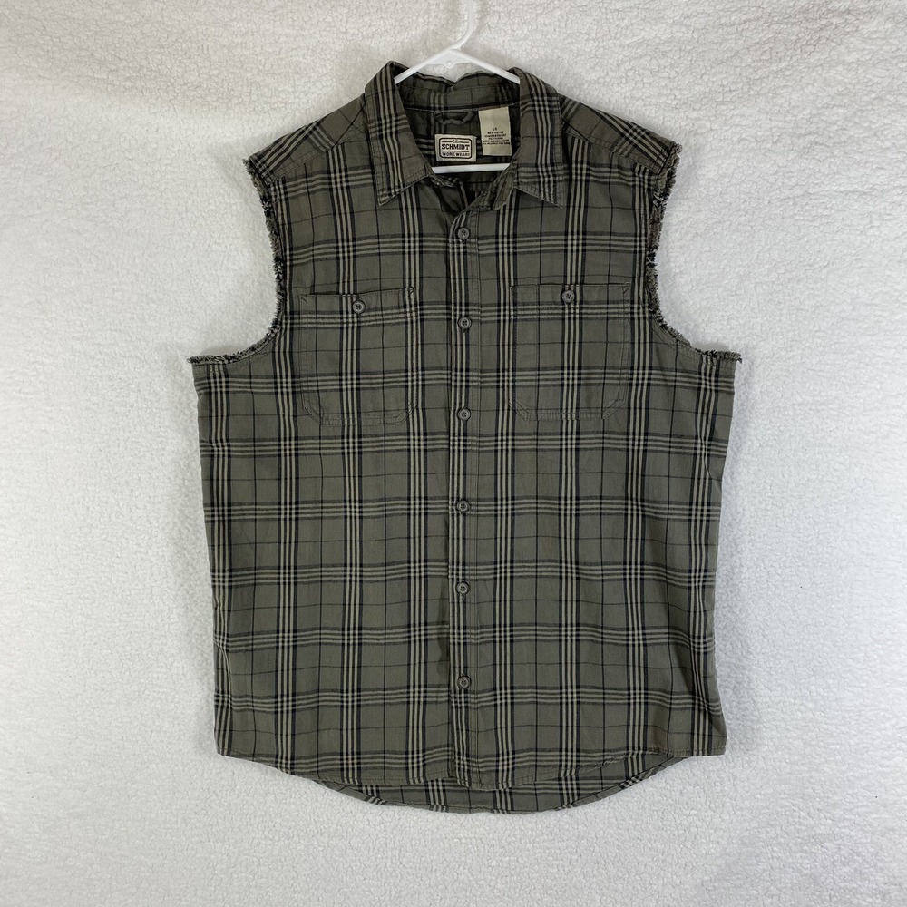 CE Schmidt‎ Shirt Mens Size Large Green Plaid Cutoff Sleeves Fringe Workwear